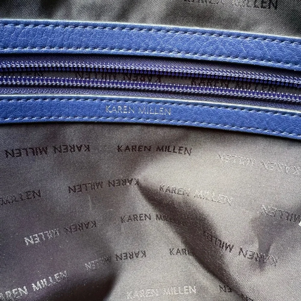 Karen Millen Satchel Bag OS Blue Black Leather Colorblock Tote Purse Quiet Luxuy